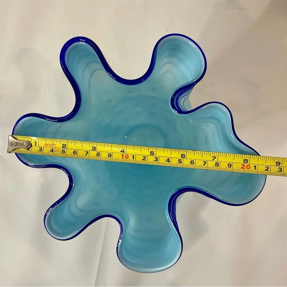 Blue Polka Dot & Stripped Blown Glass Fluted Ruffle Vase Handmade Unique - Picture 6 of 15